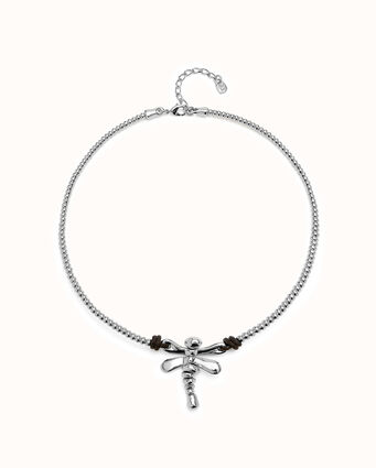 Short sterling silver-plated necklace with central dragonfly