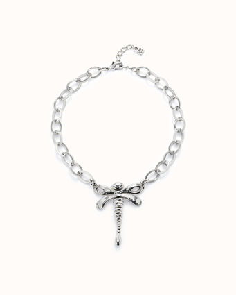 Sterling silver-plated chain necklace with central dragonfly