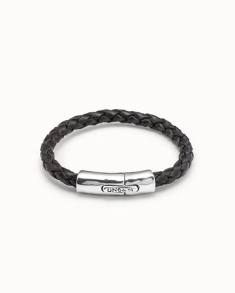 Brown leather bracelet with sterling silver-plated cylindrical spring clasp