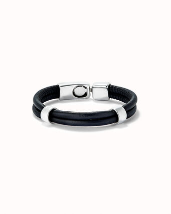 Double leather bracelet with 2 sterling silver plated circles