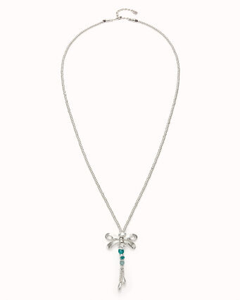 Long sterling silver-plated necklace with dragonfly and green handcrafted crystals