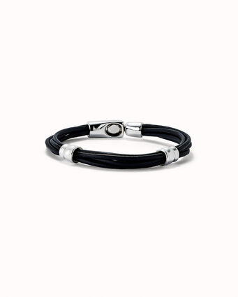 Multiple leather bracelet with 2 circumferences plated in sterling silver