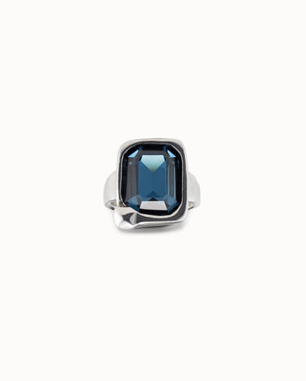 Silver plated ring with rectangular shape and blue crystal in the middle