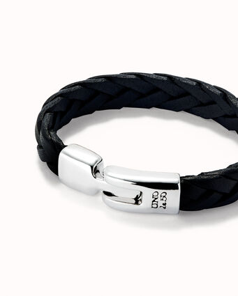 Bracelet en cuir tressé couleur noire plaqué argent