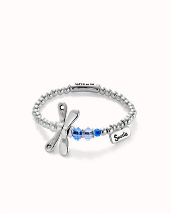 Elastic bracelet with sterling silver plated dragonfly with blue crystals