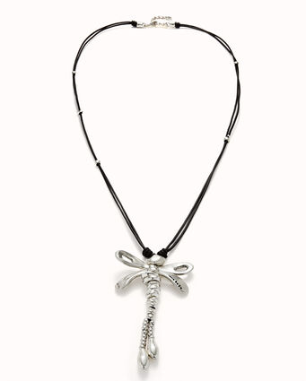 Long leather necklace with sterling silver-plated central dragonfly