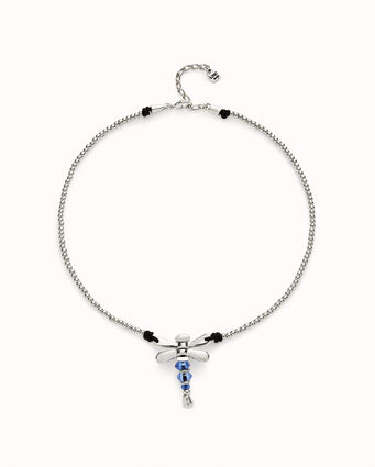 Short sterling silver-plated necklace with dragonfly and blue handcrafted crystals