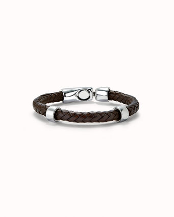 Braided leather bracelet with 2 sterling silver-plated circles