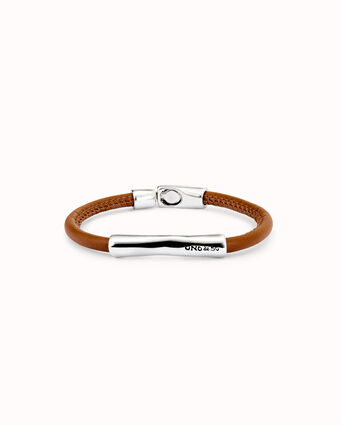 Camel color leather bracelet with central sterling silver-plated detail