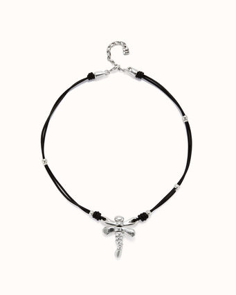 Leather necklace with sterling silver-plated dragonfly