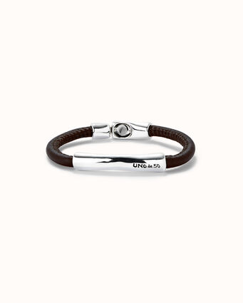 Brown leather bracelet with sterling silver-plated central detail