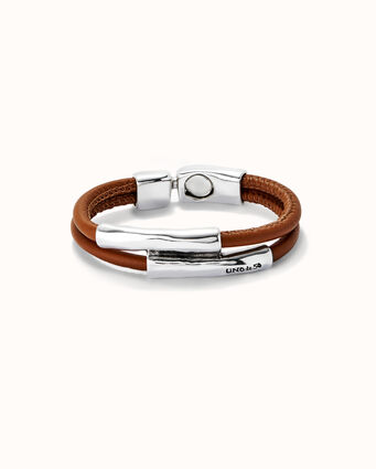 Double camel leather sterling silver-plated bracelet with two tubes