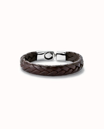 Cognac color braided leather sterling silver-plated bracelet