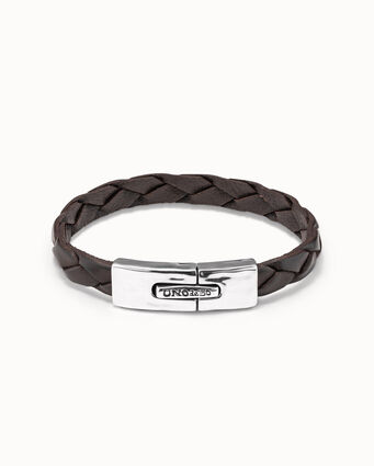 Brown leather bracelet with sterling silver-plated rectangular spring clasp
