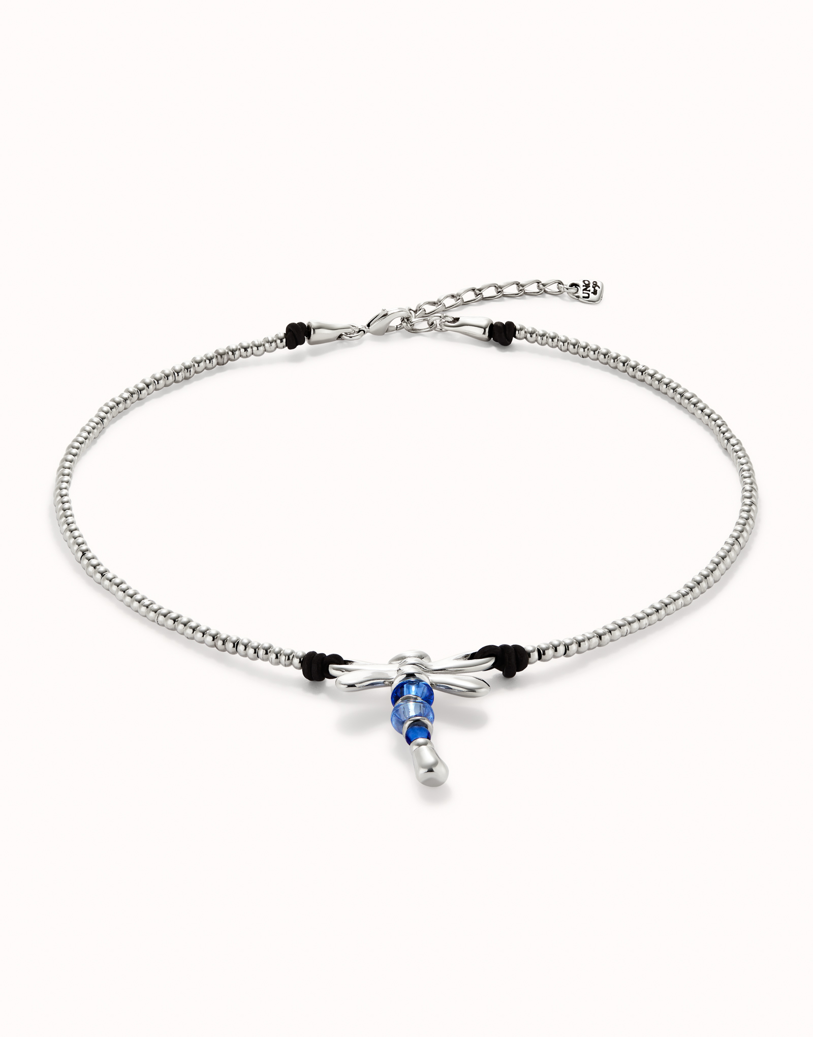 Short sterling silver-plated necklace with dragonfly and blue handcrafted crystals, Silver, large image number null