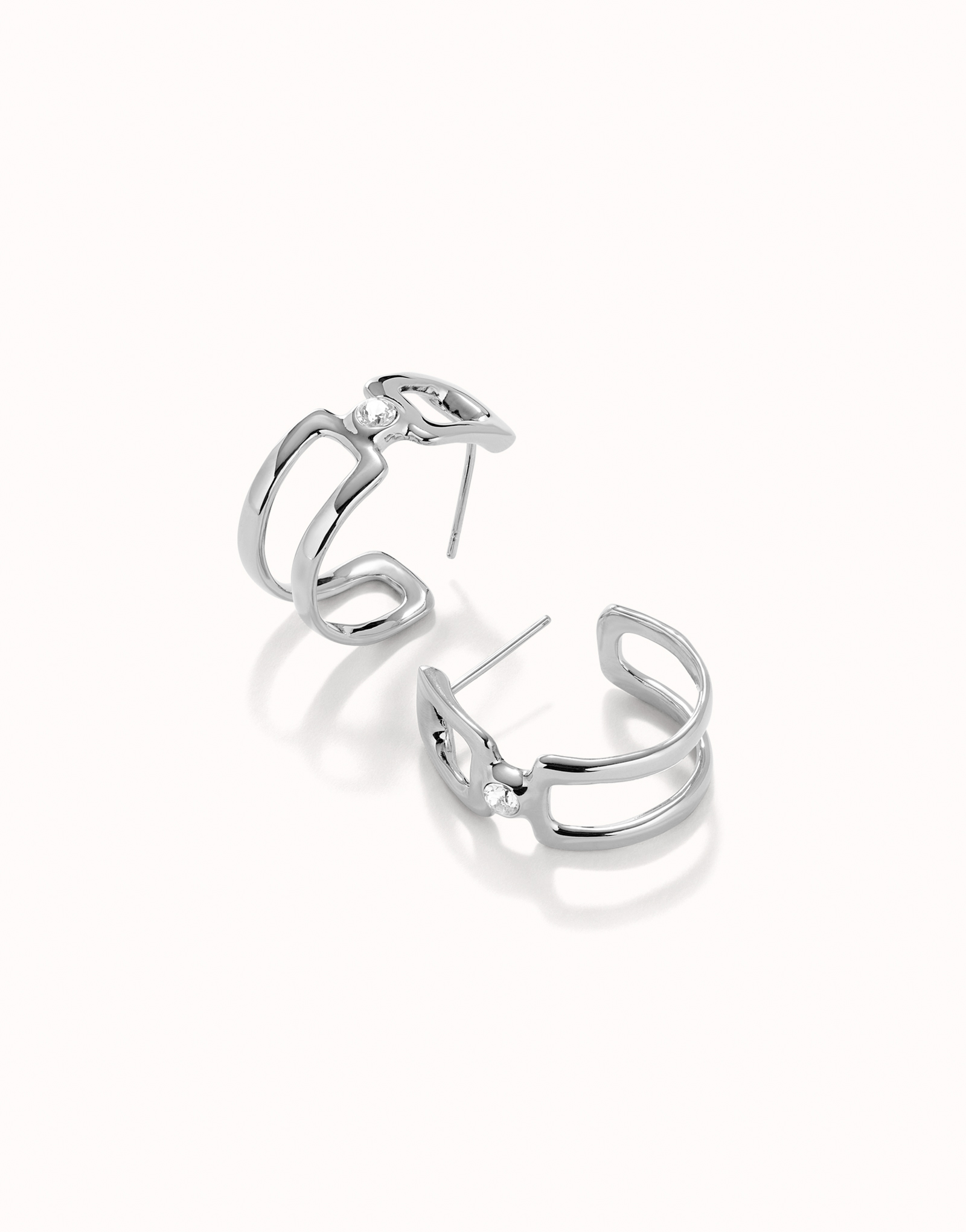 Double sterling silver-plated hoop earrings with white topaz, Silver, large image number null