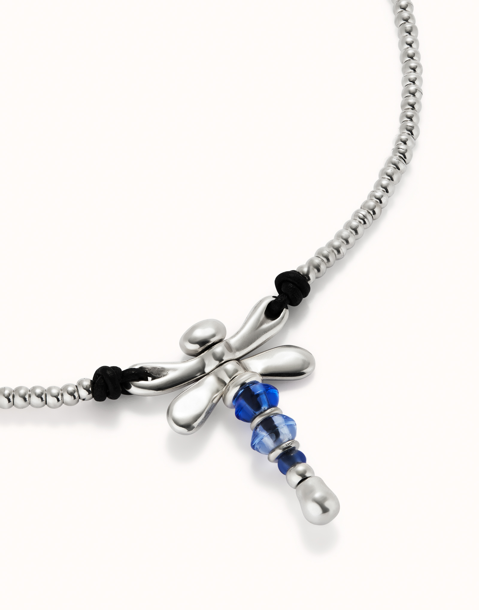 Short sterling silver-plated necklace with dragonfly and blue handcrafted crystals, Silver, large image number null